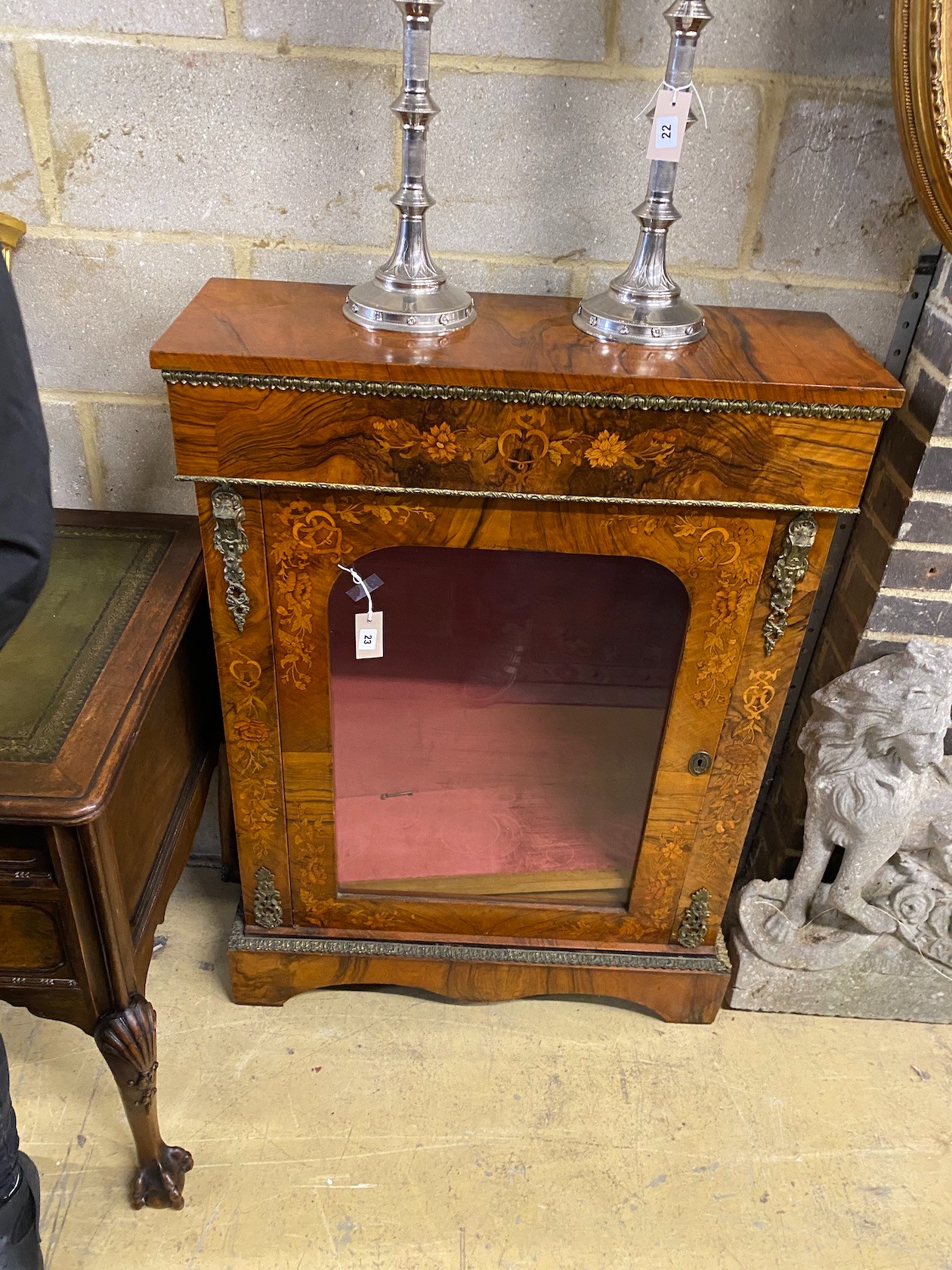 A Victorian marquetry inlaid gilt metal mounted walnut pier cabinet, width 82cm, depth 30cm, height 112cm